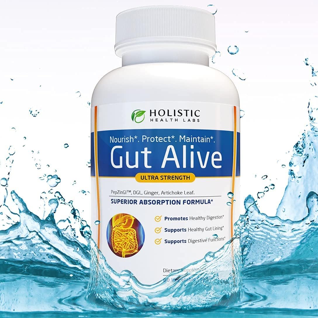 Gut Alive For Restoring Gut Lining - All Natural Support to Fight Leaky Gut, IBS, Heartburn, Acid Indigestion, Acid Reflux, Bloating & Gas. Unique Formulation. 60 Capsules.