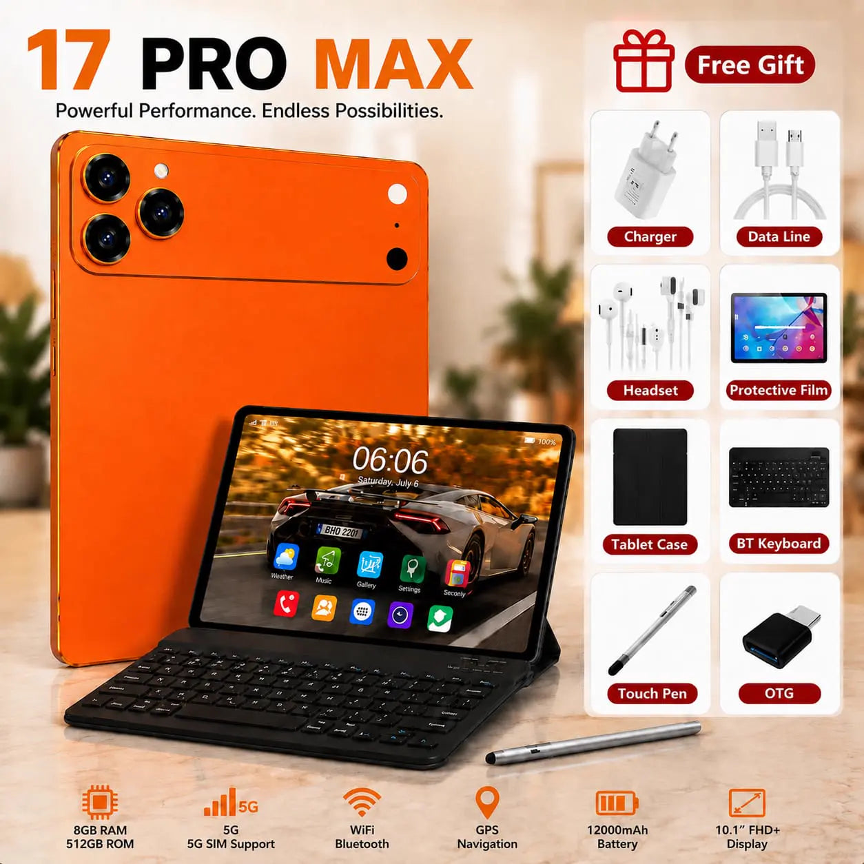 17Pro Max Tablet - 8GB Ram 512GB Storage - 10.1" FHD+ Display- 12000mAh Battery