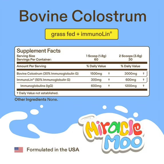 Miracle Moo Colostrum Supplement for Gut Health, Hair Growth, and Immune Support, Unflavored 60 Servings